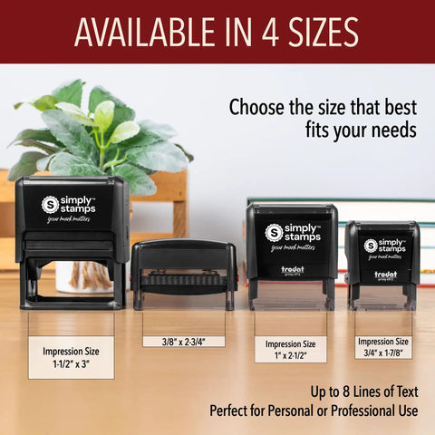 Kickass Custom Text Line Stamps With Self Inking Tech For Office And Home Personalized Rubber Stamp displayed in four sizes on a desk.