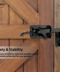 Top Shelf Thumb Press Gate Latch With Slick Grip Handle Rock Solid Black Metal Yard Lock for Outdoor Fence Backyard Pool Gate installed on wooden gate.