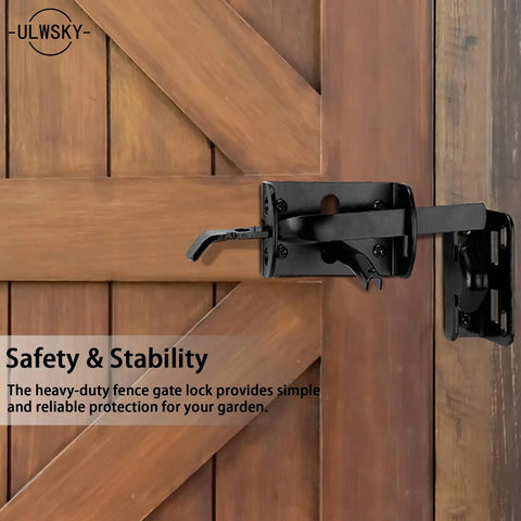 Top Shelf Thumb Press Gate Latch With Slick Grip Handle Rock Solid Black Metal Yard Lock for Outdoor Fence Backyard Pool Gate installed on wooden gate.
