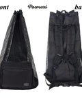 Front and back view of black oversized mesh scuba diving bag for snorkeling gear and equipment, lightweight travel backpack.