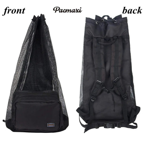 Front and back view of black oversized mesh scuba diving bag for snorkeling gear and equipment, lightweight travel backpack.