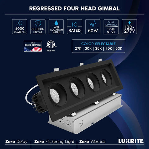 Four Head Regressed Gimbal Led Recessed Spotlight with sleek black housing, 60W, providing 4000 lumens, dual dimmable, and IC rated.
