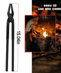 15-inch black steel wolf jaw tongs for blacksmithing next to a blacksmith working at a forge