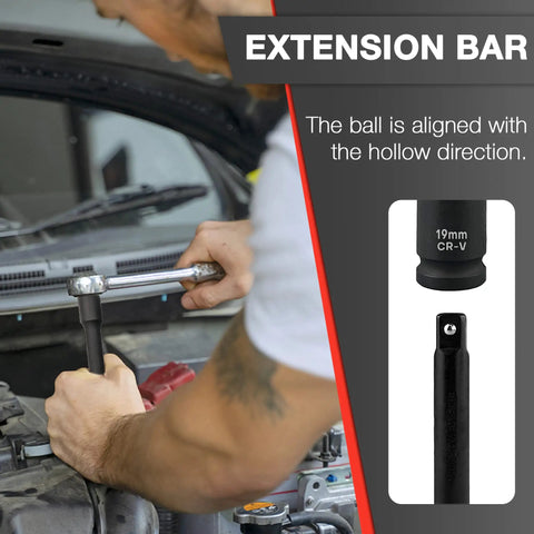 Mechanic using extension bar from 29 Piece 1/2 Inch Drive Deep Impact Socket Set With 3 Inch, 5 Inch And 10 Inch Extensions, SAE And Metric Sockets, Cr-V Steel, Includes 3/8 To 1 Inch And 10mm To 24mm, Heavy Duty Construction For Pros And DIYers on car engine