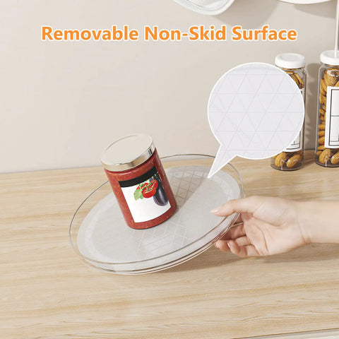 Nine Inch Clear Lazy Susan Set Of Two Round Rotating Turntable Organizers With Non Slip Base for pantry cabinet use.