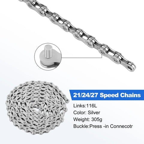 Heavy Duty Hollow Link Bike Chain For Road BMX Mountain Bikes 21 24 27 Speed Compatibility 116 Links Rust Resistant Steel Chain Built To Last Through Tough Trails, coiled with connector detail shown.