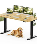 Adjustable Height Solid Bamboo Standing Desk 60 By 30 Inches With Sturdy Black Steel Frame, featuring dual monitors and dog.