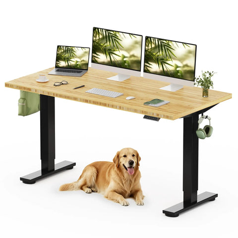 Adjustable Height Solid Bamboo Standing Desk 60 By 30 Inches With Sturdy Black Steel Frame showcasing dual monitors and a golden retriever.