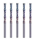 SpeTool compression spiral router bits, 5 pcs, 1/8 in shank, 1 in cutting length, carbide, Tac-coated (front view).