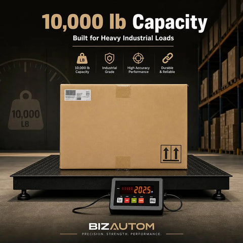 Heavy Duty Rock Hard Commercial Pallet Scale Featuring 48 Inch Square Floor Platform With 10000 Lb Load Rating, showing box on scale.