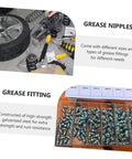 Close-up of 260 piece hydraulic grease fitting kit with straight and angled nozzles for cars trucks and machinery ready to roll.