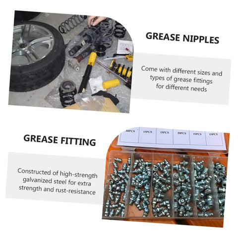 Close-up of 260 piece hydraulic grease fitting kit with straight and angled nozzles for cars trucks and machinery ready to roll.