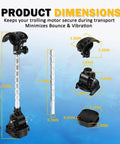 Stabilizer Mount For Trolling Motors With Fold Down Bracket And Adjustable Arm dimensions diagram, marine grade design.
