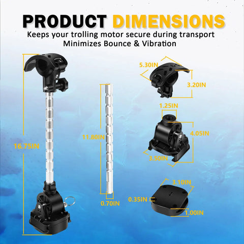 Stabilizer Mount For Trolling Motors With Fold Down Bracket And Adjustable Arm dimensions diagram, marine grade design.