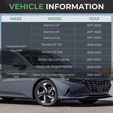 Beefed Up Three Piece Engine And Transmission Mount Set For Hyundai Elantra 2017-2022 compatibility chart with vehicle models shown