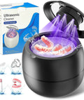 Pro Grade Deep Clean Ultrasonic Dental Cleaner 45kHz For Aligners Night Guards Dentures Braces Mouth Guards Jewelry And Toothbrush Heads With 4 Modes Digital Timer Retainer Cleaner Machine Black in use with dentures inside and UV light.