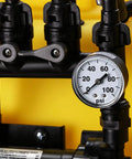 Close-up of pressure gauge on 45 Gallon UTV Spot Sprayer With 40 Gpm High Flow 12V Pump Roto Molded Poly Tank for Weed Control.