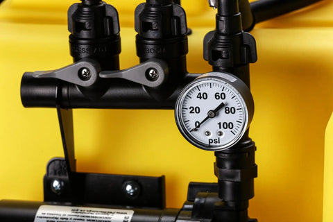 Close-up of pressure gauge on 45 Gallon UTV Spot Sprayer With 40 Gpm High Flow 12V Pump Roto Molded Poly Tank for Weed Control.
