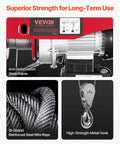 Front view of VEVOR electric hoist with wireless remote, 110V, anti-deformation steel frame, wire rope, and metal hook.