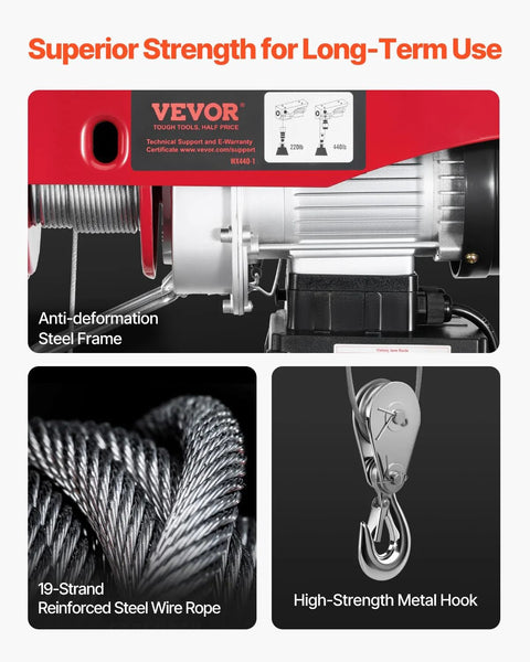 Front view of VEVOR electric hoist with wireless remote, 110V, anti-deformation steel frame, wire rope, and metal hook.