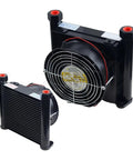 Heavy Duty Hydraulic Oil Cooler and Air Cooling Fin, 48W Power, 10 L Min Flow, 15 Bar Working Pressure, DC12V, side and front view