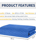 Ultra Large 80 By 72 Inch Moving Blankets 12 Pack Beefy Heavy Duty Furniture Pads Displaying Product Features and Dimensions