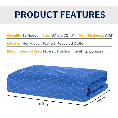 Ultra Large 80 By 72 Inch Moving Blankets 12 Pack Beefy Heavy Duty Furniture Pads Displaying Product Features and Dimensions