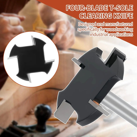 Four-blade T-sole clearing knife in close-up with woodworking tools in background, designed for industrial applications.