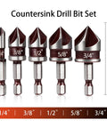 Built Tough Countersink Drill Bit Set With 82 Degree Five Flutes And Quick Change Hex Shank For Wood, Metal, And Plastic