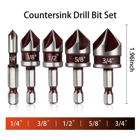 Built Tough Countersink Drill Bit Set With 82 Degree Five Flutes And Quick Change Hex Shank For Wood, Metal, And Plastic
