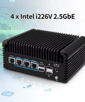 Quiet Fanless Mini Pc With Intel N100 Quad Core Chip For Home Network Firewalls And Routers Delivers Ddr5 Speed QuadPort2Point5Gbe Ethernet Opnsense Ready No Sweat Operation rear view with four Ethernet ports.