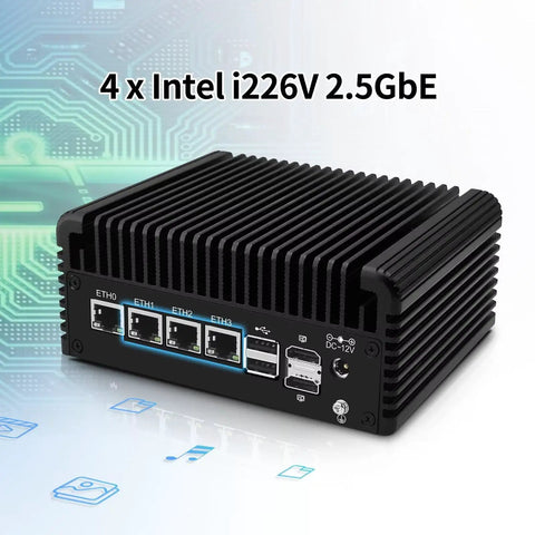 Quiet Fanless Mini Pc With Intel N100 Quad Core Chip For Home Network Firewalls And Routers Delivers Ddr5 Speed QuadPort2Point5Gbe Ethernet Opnsense Ready No Sweat Operation rear view with four Ethernet ports.