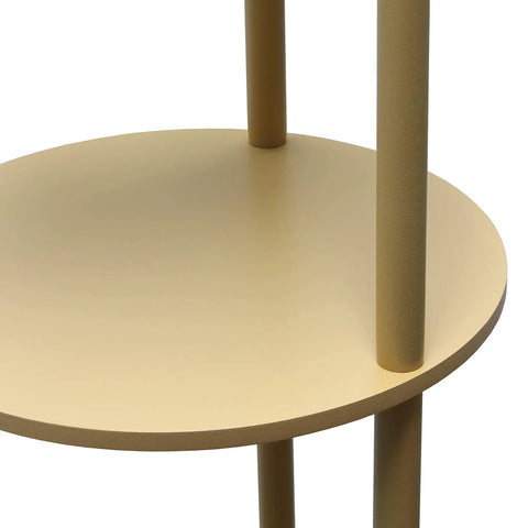 Close-up of the 62.5 Inch Round Modern Shelf Etagere Floor Lamp With USB Ports And Outlet Linen Shade In Soft Light Pink Finish