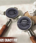 Moka pots with wooden handles and gray lids; overhead view showing 54mm diameter