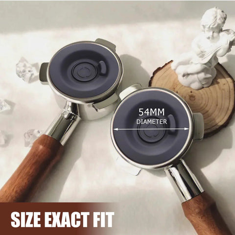 Moka pots with wooden handles and gray lids; overhead view showing 54mm diameter