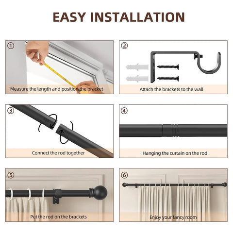 Step-by-step installation of Black Curtain Rod Set With Brackets For Windows 28 To 48 Inches, 5/8 Inch Decorative Heavy Duty Curtain Rod