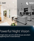 Day and night view of a living room with Mydlink Full HD WiFi Pan Tilt Security Camera 360 View No Fuss Setup Pet And Baby Monitoring Motion Detection Night Vision Cloud And MicroSD Recording For Home Security And Baby Room Checkups.
