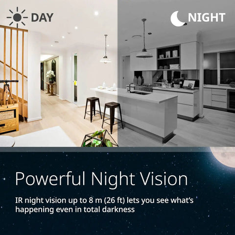 Day and night view of a living room with Mydlink Full HD WiFi Pan Tilt Security Camera 360 View No Fuss Setup Pet And Baby Monitoring Motion Detection Night Vision Cloud And MicroSD Recording For Home Security And Baby Room Checkups.