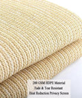 Close-up of 90 Percent UV Blocking Shade Cloth for Patio and Outdoor Spaces 8x20 Ft Pergola Sun Shade Cover in beige, 200 GSM HDPE.