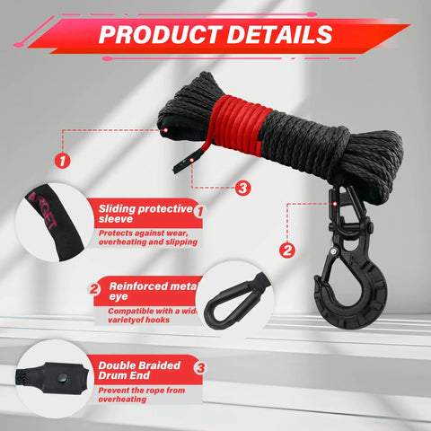 Off Road Beefed Up Winch Rope Kit With Eight Thousand Five Hundred Pounds Capacity And Three Sixteenth Inch By Fifty Foot Synthetic Cable with highlighted protective sheath and hook.