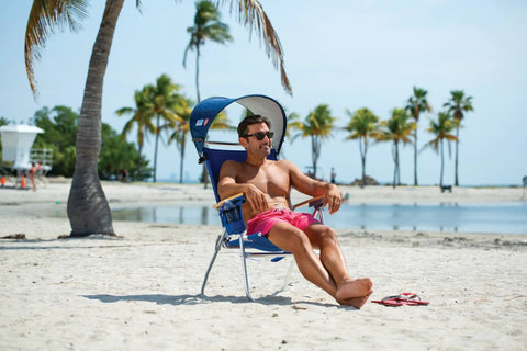 Man relaxing with Clip On Personal Sun Shade For Beach Chairs, Adjustable Forward Or Back, No Umbrella Needed, Navy, at beach