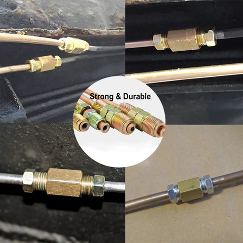 Brake Line Fitting Kit For 3/16 Inch Tube Inverted Flare Unions, 10 Brass Fittings, 3/8-24 UNF Threads, SAE Automotive Unions
