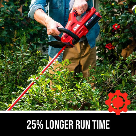Person using PWR Core 40 Brushless 40V Cordless Hedge Trimmer Kit With 24 Inch Dual Action Blade Three Quarter Inch Cut Capacity