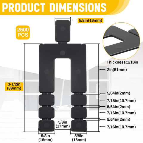 No Sweat Setup Bulk Pack 2500 Pcs Black Plastic Stack Shims For Door And Window Leveling dimensions layout and measurements.