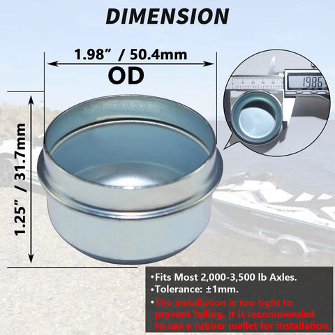 2PCS Heavy Duty Trailer Hub Cap Dust Caps 1.98 Inch Bolt Metal Axle Wheel Bearing Covers, galvanized, showing dimensions
