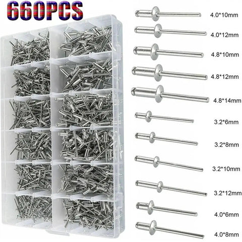 660 Pcs Aluminum Dome Head Blind Rivets Kit With 3.2mm, 4mm, And 4.8mm Pop Rivets, Durable Aluminum Fasteners For DIY Projects, Heavy Duty Rivet Set For Auto, Metal, Woodworking, And More. Assorted rivets in organizer box