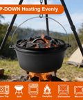 Preseasoned Cast Iron 8 Qt Dutch Oven with Lid over campfire showing even heating, outdoor camping use