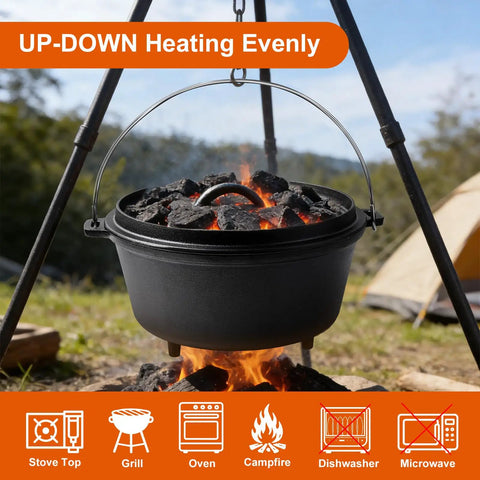 Preseasoned Cast Iron 8 Qt Dutch Oven with Lid over campfire showing even heating, outdoor camping use