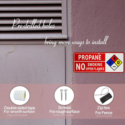 Propane Safety Sign Set No Smoking No Open Flames Aluminum Warning Signs With NFPA Symbol installed on wall with fasteners
