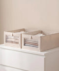 Three Pack Clothes Storage Bins With Clear Window Handles And Multi Purpose Fabric Organizers For Closet Linen Pants Books Home Room Makeover Straight Up Game Changer To Keep Your House Tight With Zero Stress Vibes And Smooth Daily Operation on dresser with folded clothes.